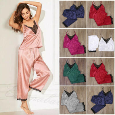 

2Pcs Womens Lady Sexy Strappy Pajamas Casual Silk Sleepwear Deep V Lingerie Set