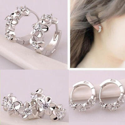 

Ladies 925 Sterling Silver Flower Stud Hoop Round Crystal Earring Cubic Zirconia