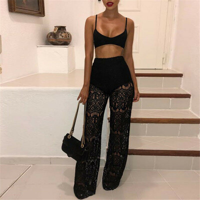 

Women Sexy Lace Casual High Waist Long Pants Wide Leg See Through Trouser Beach