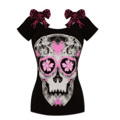 

Female Skull 3D Digital Print Loose Boat Collar Short Sleeve T Shirt Tops