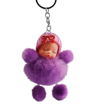 

Tailored Cute Sleeping Baby Bowtie Fluffy Pompom Fur Plush Doll Keychain Keyring Key Ring