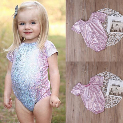 

Girl Kids One Pieces Pink Blue Swimsuit Bling Sequins Swimwear Short Sleeve 2-7T