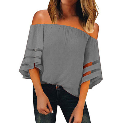 

Starmoon Women Off Shoulder Mesh Panel Blouse 34 Bell Sleeve Loose Top Shirt