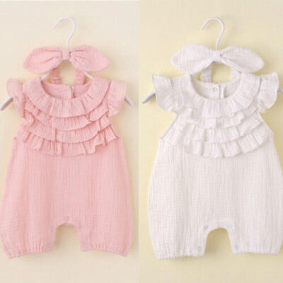 

Newborn Toddler Baby Girl Summer Ruffle Sleeveless Cotton Romper Bodysuit Headband Outfits