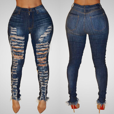 

〖Follure〗Women High Waisted Hole Skinny Denim Jeans Stretch Slim Pants Calf Length Jeans