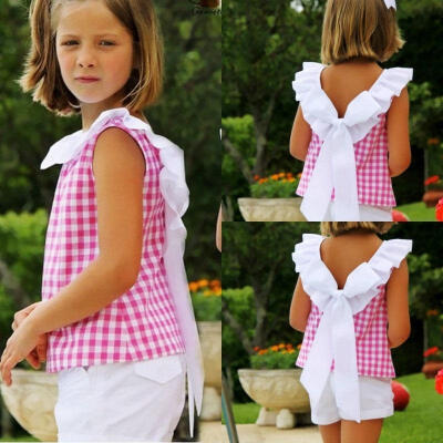 

Fashion Summer Toddler Kids Girls Bow Plaid T-shirt Tops Shorts Pants Clothes Outfits Set