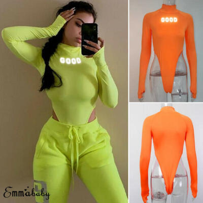 

Sexy Frauen Langarm Neon Green Plausuits Herbst Schlank Overall Strampler Tops