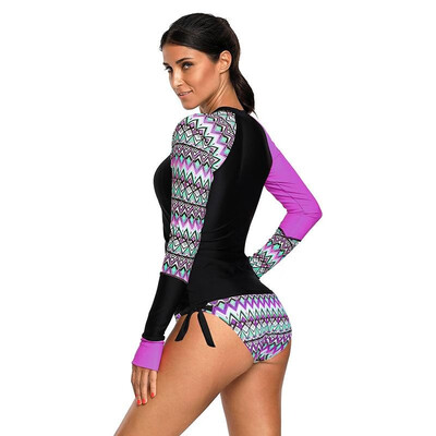 

Women Two Pieces Swimsuit Vintage Print Raglan Long Glove Sleeves Bikini Set Bathing Swimwear