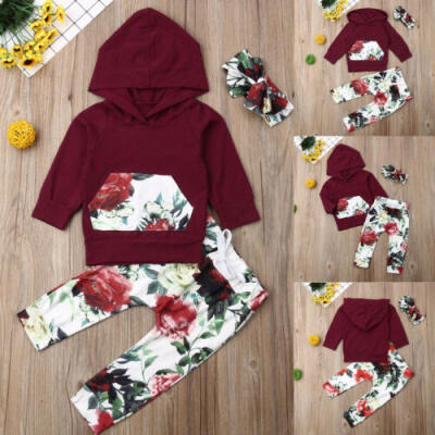 

US Newborn Kid Baby Girl Flower Hooded Tops Sweatshirt Long Pants Outfit Clothes