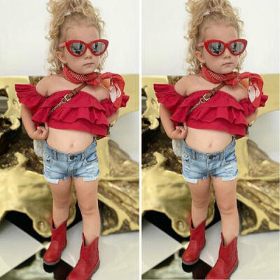 

UK Infant Kid Baby Girl Off Shoulder Top Denim Shorts Summer Outfit Clothes 1-6Y