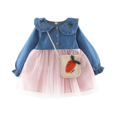 

Autumn New Baby Girl Dress 0-3T Cute Toddler Bow Decoration Solid Color Dress Korean Style Long-sleeved Girls Denim Dress