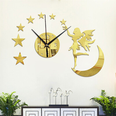 

Gobestart DIY Modern 3D Angel Girl Mirror Wall Clock Home Office Interior Decoration