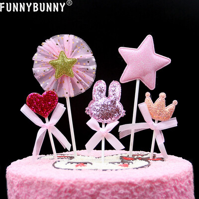 

FUNNYBUNNY Pink Star Heart Crown Birthday Cake Topper Cupcake Decoration Baby Shower Kids Birthday Party Wedding Favor Supplies