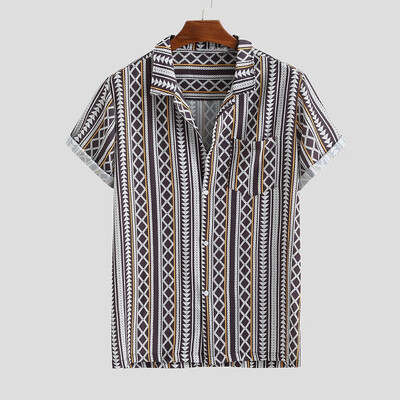 

Toponeto Mens Colorful Stripe Summer Short Sleeve Loose Buttons Casual Shirt Blouse