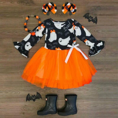 

US Infant Baby Girl Kid Long Sleeve Halloween Cute Ghost Dress Skirt Clothes Top