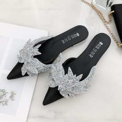 

Slippers female summer wear 19 Korean version of pointed half drag chic Baotou flat rhinestone beach lazy drag