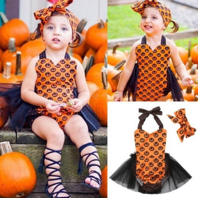 

Halloween Newborn Baby Girl Pumpkin Bow Romper Tops Tulle Dress Outfit Clothes