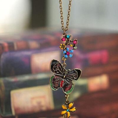 

Chic Butterfly Colorful Flower Pendant Necklace Enamel Lady Long Bronze Chain