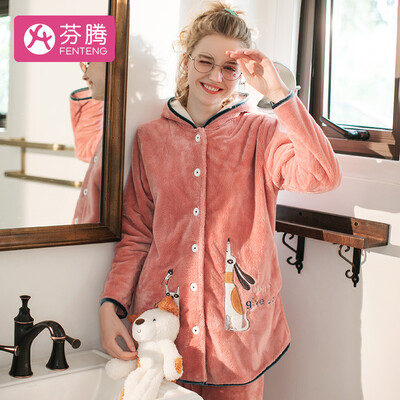 

Fenton coral velvet ladies pajamas 2018 autumn&winter new girlfriends cartoon cat hooded jade rabbit cashmere soft home service J98940898 bean sand orange XL