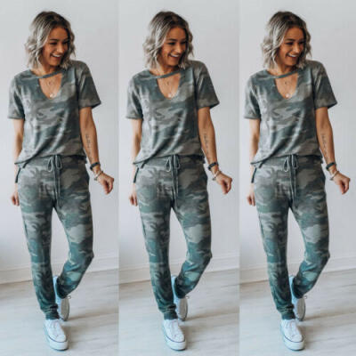 

US Womens Casual Tracksuit Short Sleeve Camouflage Tops Pants Sport Wear Outfits