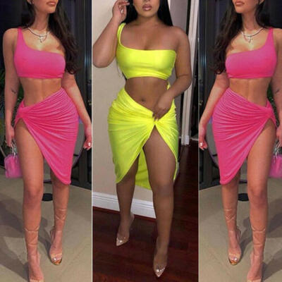 

Women 2 Piece Bodycon Two Piece Crop Top&Skirt Set Lace Up Dress Party US