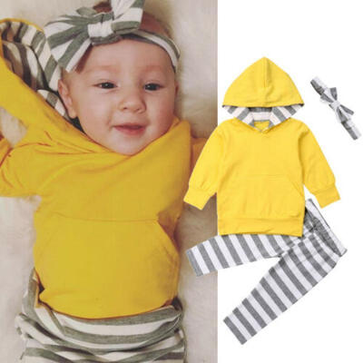 

US Infant Baby Girl Boy Clothes Long Sleeve Hooded TopsStriped Pants Outfit Set