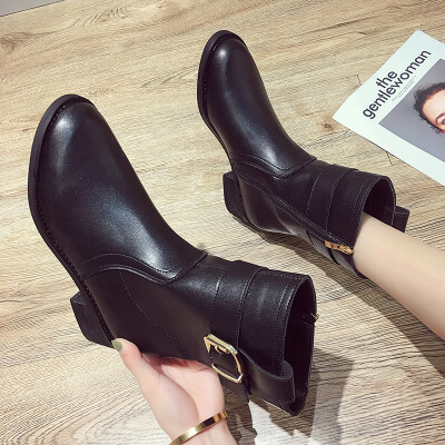 

Simple fashion Martin boot girl autumn Korean version 100 long tube thick heel belt buckle short boot tide