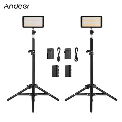

Andoer LED Video Light Kit include 2pcs W228 3200K6000K Bi-Color Dimmable LED Video Light2pcs Max 72cm Light Stand2pcs 74V 22