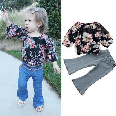 

Toddler Kids Baby Girls Clothes Floral Chiffon TopsFlare Long Pant Jeans 2PCS Outfits Set Clothing 1-6Y