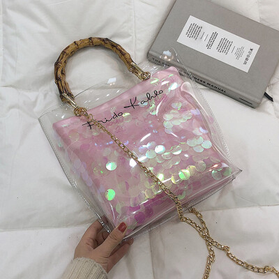 

Bamboo Handle Straw Weave Handbag Womens Bags 2019 Letter Printed Clear Messenger Shoulder Bag Summer Handbags Tote T30