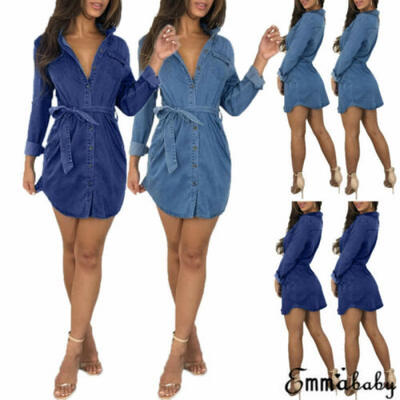 

NEW Womens Denim Shirt Dress Ladies Jean Dresses Size 6 8 10 12 14 Blue Slim