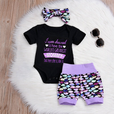 

baby girls suit Lettered rompers top ball printed Shorts Headband Cotton Girls Set 3 Piece Set