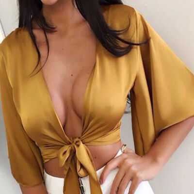 

Brand New Sexy Women Casual Bandage Crop Top Long Ruffle Sleeves V Neck Summer Beach Tops