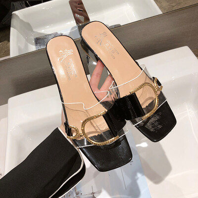

Chic slippers women wear fashion transparent summer retro thick heel slippers