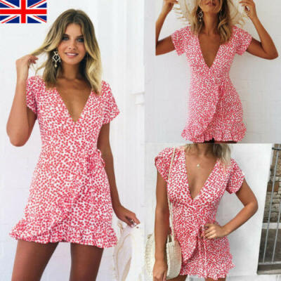 

UK Women Short Sleeve Wrap Boho Floral Mini Dress Ladies Summer Sundress Holiday
