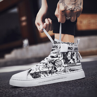 

Mens shoes summer high graffiti personalized tide shoes Korean autumn leisure trend Joker canvas shoes