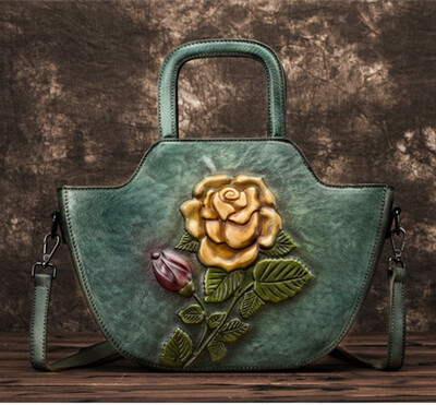 

Women Retro Shoulder Embossed Messenger Cross Body Handbag Tote National Style Top Handle Bags Female Brush Genuine Leather Bag