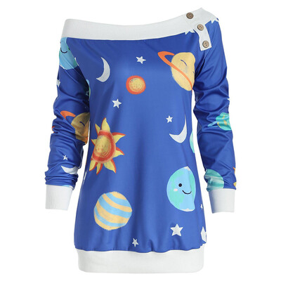 

Nomeni Womens Space Sun And Moon Star Print Off-Shoulder Sweatshirt Long Sleeve Blouse