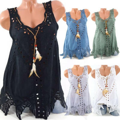

Womens Loose Sleeveless Vest T Shirt Blouse Lady Boho Lace Tops Plus Size