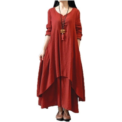 

New Plus Size Women Casual Loose Dress Solid Long Sleeve Cotton Linen Boho Long Maxi Autumn Dress Plus Size  - 5XL