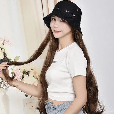 

Gobestart Hat Wig One Wig Female Long Curly Hair Big Wave Wig Set Hat