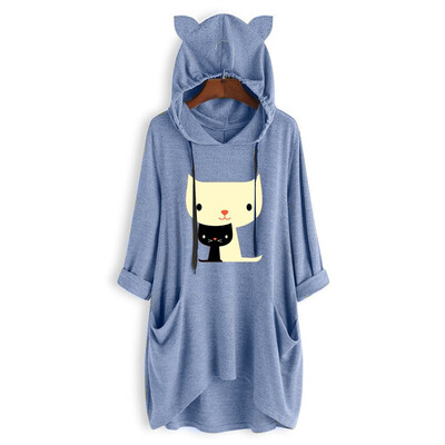 

Tailored Women Casual Print Cat Ear Hooded Long Sleeves Pocket Irregular Top Blouse Shirt
