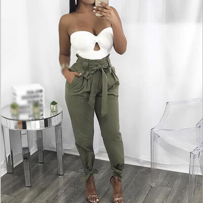 

HOT Womens High Waist Tie Belt Trousers Long Pants Ruffles Office Casual Bottoms