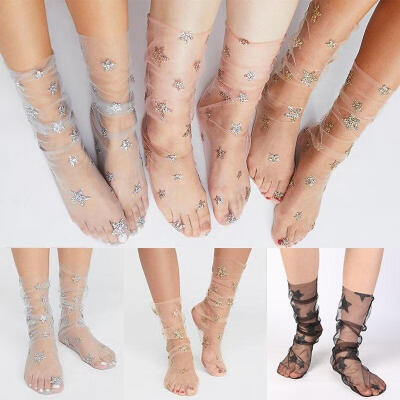 

Women Glitter Star Moon Ankle Socks Soft Mesh Transparent Elastic Sheer Socks