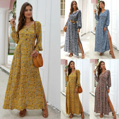 

Fashion Womens Boho Floral Long Maxi Dress Long Sleeve V Neck Slit Tunic Dresses