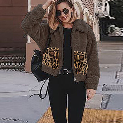 

Tailored Women Fashion Turn-down Collar Pockets Leopard Print Plush Cardigan Coat Tops