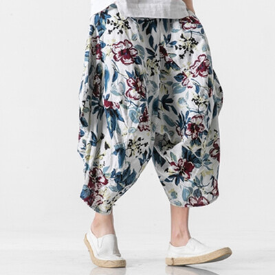 

Gobestart Mens New Style Retro Broken Flower Pants Fashion Large-Sized Wide-Legged Pants