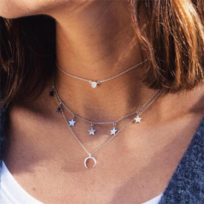 

Simple Women Necklaces Stars Moon Crystal Pendant Clavicle Chain Multilayer Silver Necklace Set Fashion Lady Wedding Jewelry