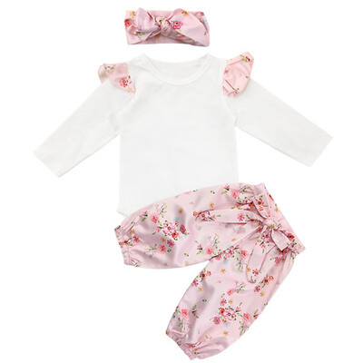 

Newborn Baby Girls Sets Pink Floral Outfit Robes Floral Trousers Headband Three-Piece Baby Girls Clothes Suits