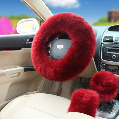 

Fashion 3Pcs Long Plush Fuzzy Steering Wheel Cover Light Camel Car Accessory